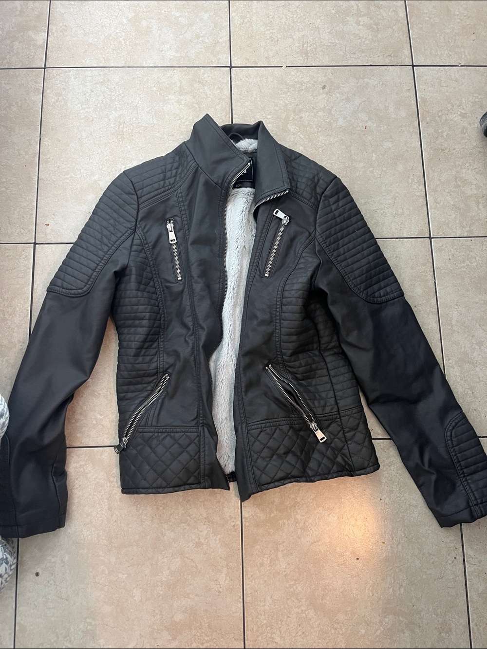 YMI Black Quilted Faux-Leather Jacket with Sherpa Interior